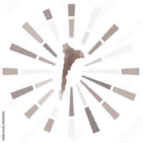 Ko Samet sunburst. Low poly striped rays and map of the island. Charming vector illustration.