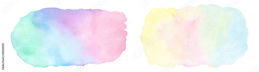 Rainbow Color Background Watercolor brushstroke bubble splotch painting, hand drawn and painted, collection set of 2, isolated on white