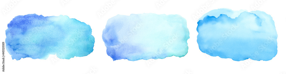 Fototapeta premium Blue Background Watercolor brushstroke bubble splotch painting, hand drawn and painted, isolated on white collection set of 3