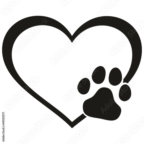 Dog paw print, paw in the heart, dog paw prints, cat paw print, cat paw prints, paw print silhouette, symbol of love for a dog or cat
