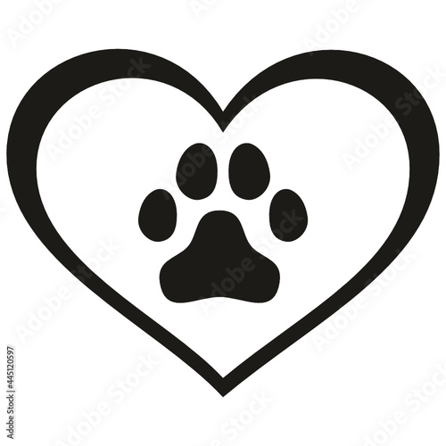 Dog paw print, paw in the heart, dog paw prints, cat paw print, cat paw prints, paw print silhouette, symbol of love for a dog or cat 