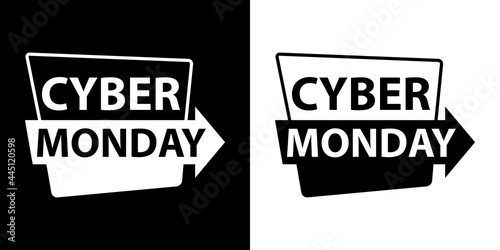 Banner con logotipo con texto Cyber Monday en etiqueta con flecha en fondo blanco y fondo negro