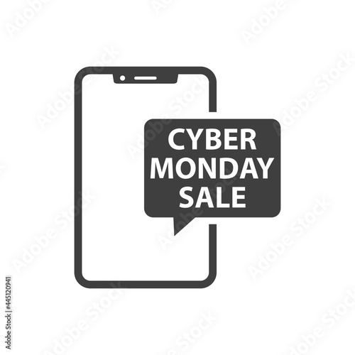 Logotipo con texto Cyber Monday Sale en burbuja de habla en smartphone en color gris