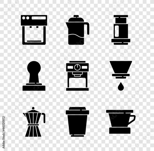 Set Coffee machine, French press, Aeropress coffee, moca pot, cup to go, V60 maker, tamper and icon. Vector