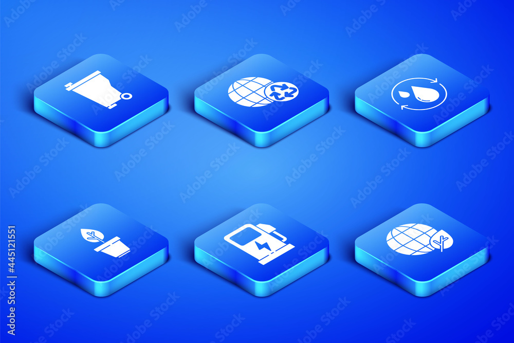 Set Earth globe and leaf, Trash can, Electric car charging station, Plant pot, Planet earth recycling and Recycle clean aqua icon. Vector Set Earth globe and leaf, Trash can, Electric car charging station, Plant pot, Planet earth recycling and Recycle clean aqua icon. Vector
