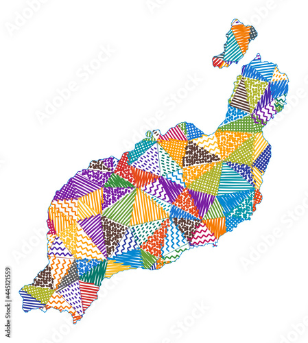 Kid style map of Lanzarote. Hand drawn polygons in the shape of Lanzarote. Vector illustration.