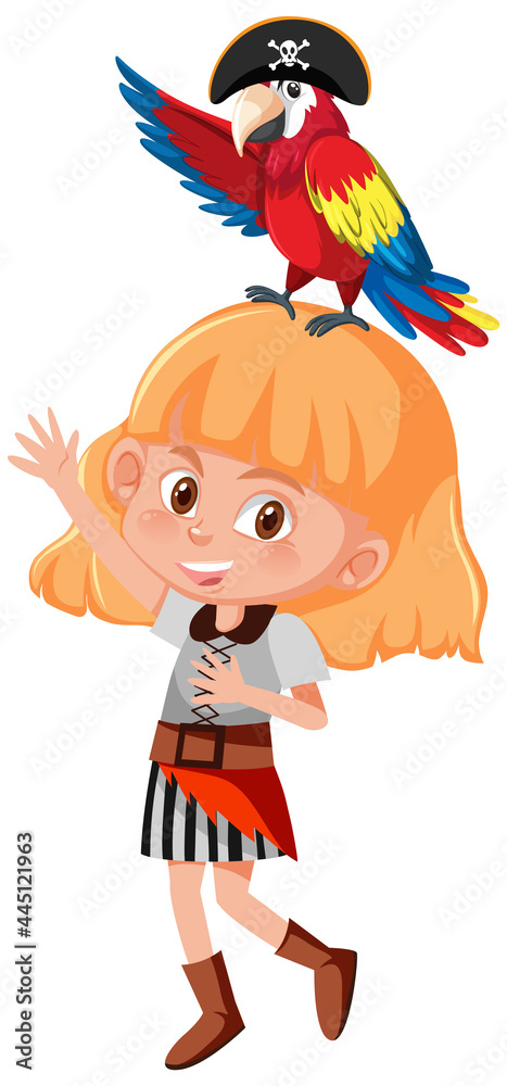 Pirate cartoon character of a girl and parrot isolated on white background Pirate cartoon character of a girl and parrot isolated on white background