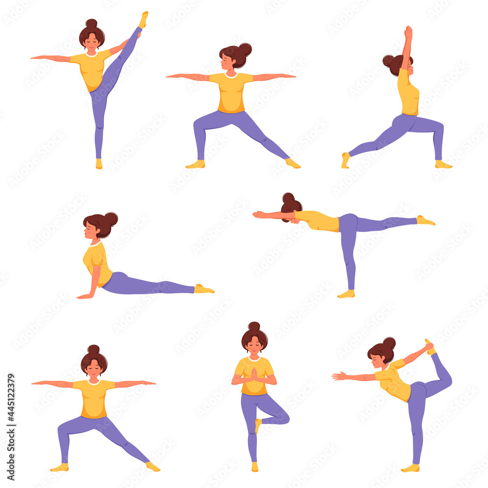 Woman doing yoga. Set of yoga poses. Healthy lifestyle, wellbeing, relax, recreation. Vector illustration