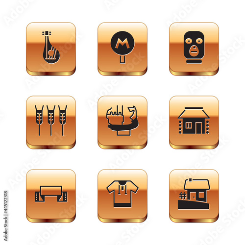 Set Bandura, Embroidered towel, shirt, Monument founders of Kiev, Wheat, Thief mask, Ukrainian house and Metro or Underground icon. Vector