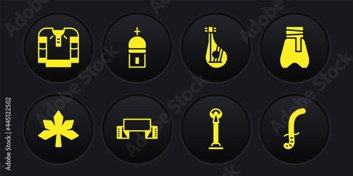 Set Chestnut leaf, Cossack pants, Embroidered towel, Monument of Independence, Bandura, Church tower, Medieval sword and shirt icon. Vector