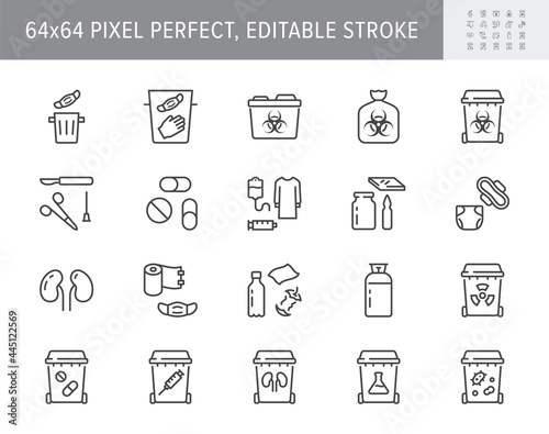 Medical waste devices line icons. Vector illustration include icon - glove, mask, biomedical, toxic, chemical, syringe outline pictogram for hazard trash. 64x64 Pixel Perfect, Editable Stroke