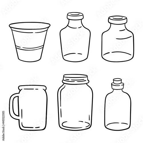 Mason kitchen jar clipart bundle, black and white glass bottles isolated items on white background, outline glassware vector illustrations set