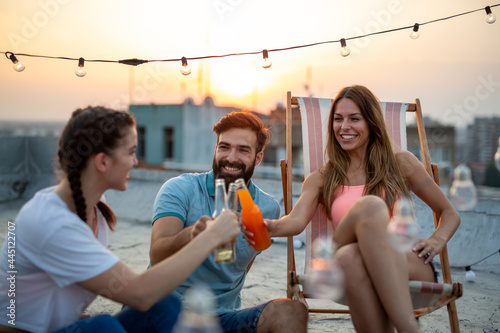 Photography Happy friends toasting with drinks at a rooftop party