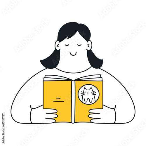 A cartoon woman is reading a book about cats. Study of literature about pets, veterinary training, search for answers to questions. Cute cartoon elegant funny vector illustration on white.