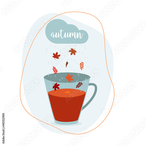 Autumn postcard sad wet weather tea mug orange leaves rain drops cloud crying. Postcard template banner poster. Vector illustration