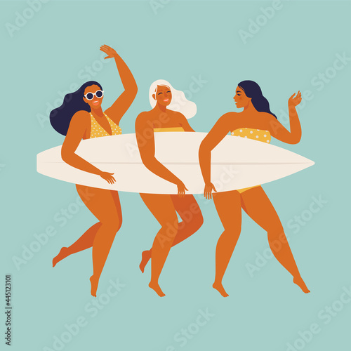 Cute funny girls in swimwear surfing in sea or ocean. Happy surfers in beachwear with surfboards isolated on blue background