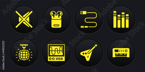 Set Disco ball, Music equalizer, Oscilloscope, Electric bass guitar, Audio jack, Air headphones in box, synthesizer and Speaker mute icon. Vector