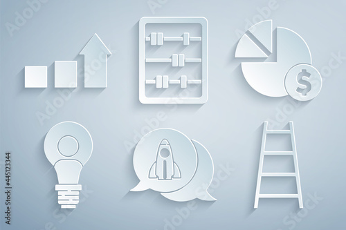 Set Startup project concept, Pie chart and dollar, Head with lamp bulb, Stair finish flag, Abacus and Financial growth icon. Vector