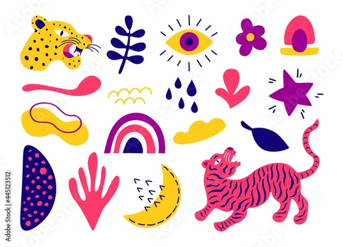 Abstract doodle shapes set. Hand drawn tiger leopard geometric decorative drops contemporary blob scribbles. Vector illustration