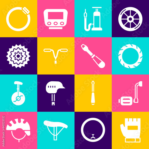 Set Gloves, Bicycle pedal, wheel tire, air pump, handlebar, cassette, brake disc and Screwdriver icon. Vector