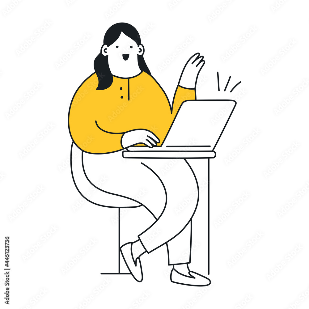 A cute cartoon woman is working with a laptop. Workspace, remote work, distant communication, freelancer at work. Thin line vector illustration on white.