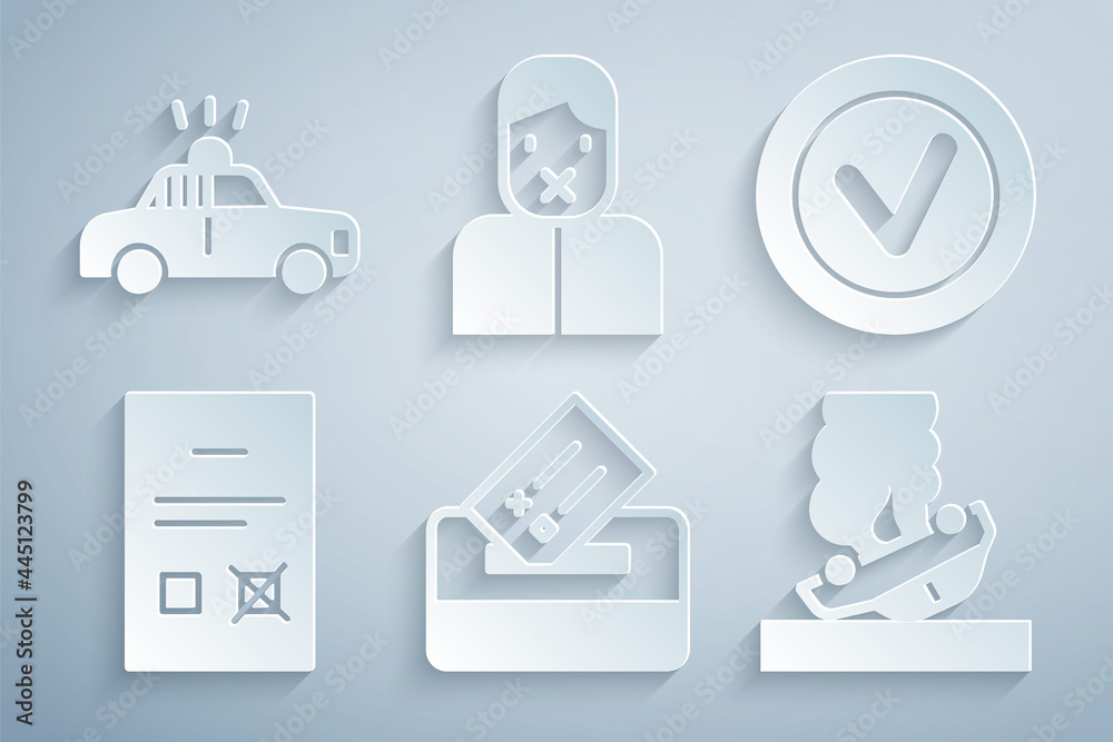 Set Vote box, Check mark in round, Poll document, Burning car, Censor and freedom of speech and Police flasher icon. Vector Set Vote box, Check mark in round, Poll document, Burning car, Censor and freedom of speech and Police flasher icon. Vector