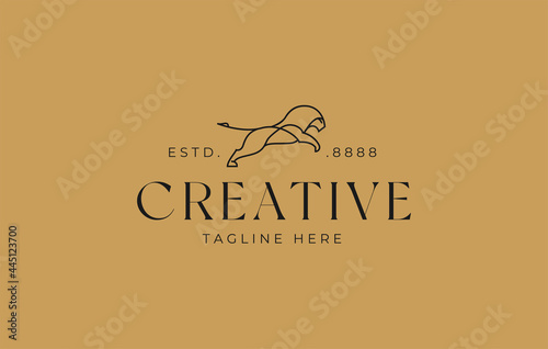 Lion Jump Logo Design Template. Minimalist line lion jump Symbol Icon Line Art Vector