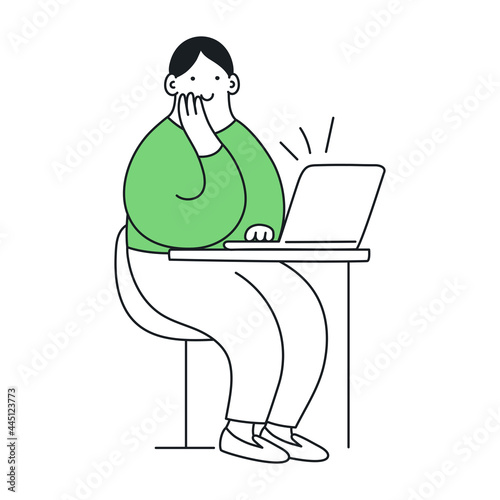 A cute funny cartoon guy is sitting in front of the laptop and holds his head with his hand. Listen carefully, self-study, internet surfing, reviewing the information on a laptop.