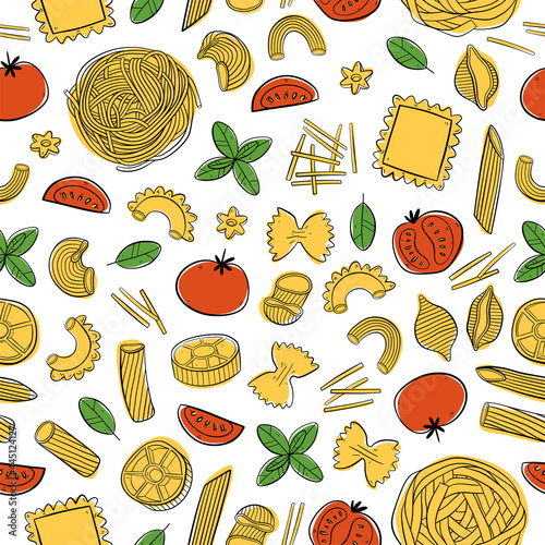 Seamless pattern with Italian pasta. For menu, packing, wrapping paper or fabric.