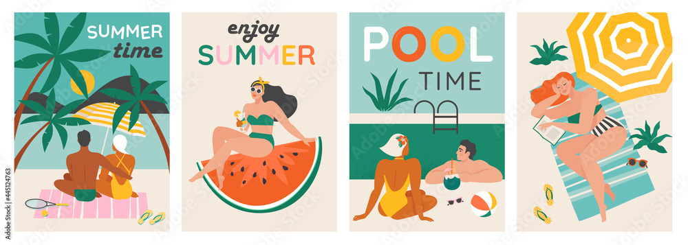 Set of a summer background. Summer swimming, swimming, diving in a huge watermelon. Couple relaxing at the beach . Vector cards, poster design illustration. Set of a summer background. Summer swimming, swimming, diving in a huge watermelon. Couple relaxing at the beach . Vector cards, poster design illustration.