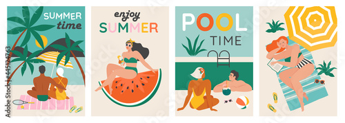 Set of a summer background. Summer swimming, swimming, diving in a huge watermelon. Couple relaxing at the beach . Vector cards, poster design illustration. © Angelina Bambina