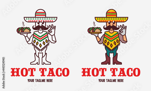 A funny vector Mexican man in a sobmrero and a mustache serves delicious hot tacos. 