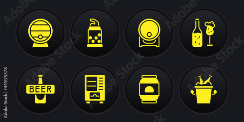 Set Beer bottle, and glass, Vending machine, can, Wooden barrel on rack, Bottle opener, bottles ice bucket and icon. Vector