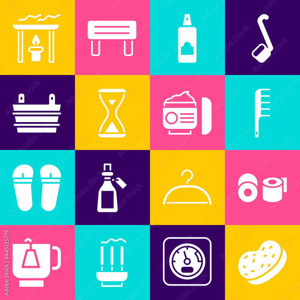 Set Bath sponge, Toilet paper roll, Hairbrush, Spray can for hairspray, Sauna hourglass, bucket, Aroma candle and Cream lotion cosmetic tube icon. Vector Set Bath sponge, Toilet paper roll, Hairbrush, Spray can for hairspray, Sauna hourglass, bucket, Aroma candle and Cream lotion cosmetic tube icon. Vector