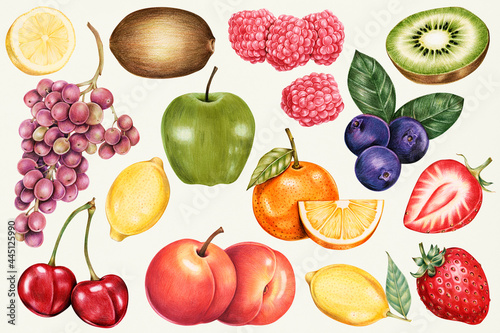 Fototapeta Naklejka Na Ścianę i Meble -  Illustration of isolated assortment of fruits watercolor style