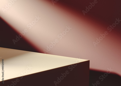 Tela 3D illustration of light brown wooden board corner and burgundy red wall