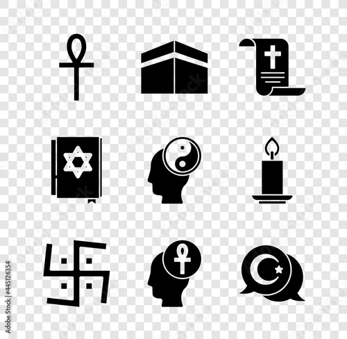 Set Cross ankh, Kaaba mosque, Decree, paper, parchment, scroll, Hindu swastika, Star and crescent, Jewish torah book and Yin Yang icon. Vector