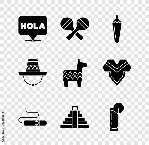 Set Hola, Maracas, Hot chili pepper pod, Cigar, Chichen Itza in Mayan, Tequila glass with lemon, Mexican sombrero and Pinata icon. Vector