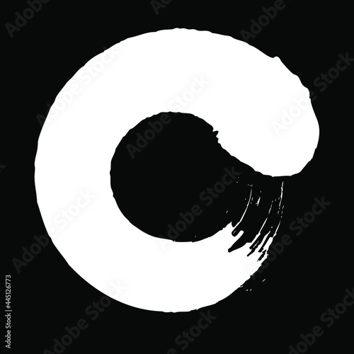 Vector brush strokes circles of paint on black background. Ink hand drawn paint brush circle. Logo, label design element vector illustration, frame. White abstract circle