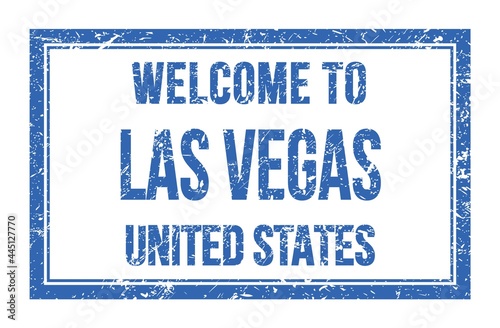 Photography WELCOME TO LAS VEGAS - UNITED STATES, words written on light blue rectangle stam