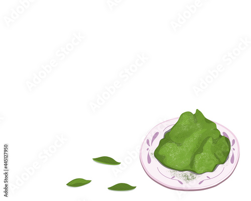 Isolated matcha green tea powder on plate with green tea leaves decoration on white background.  Close up Asian food and sweet vector illustration. 