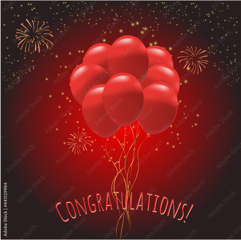 Red balloons with gold sparkles and fireworks on a red background Red balloons with gold sparkles and fireworks on a red background