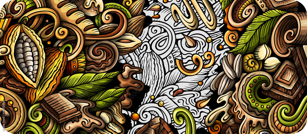 Chocolate hand drawn doodle banner. Cartoon vector detailed flyer.