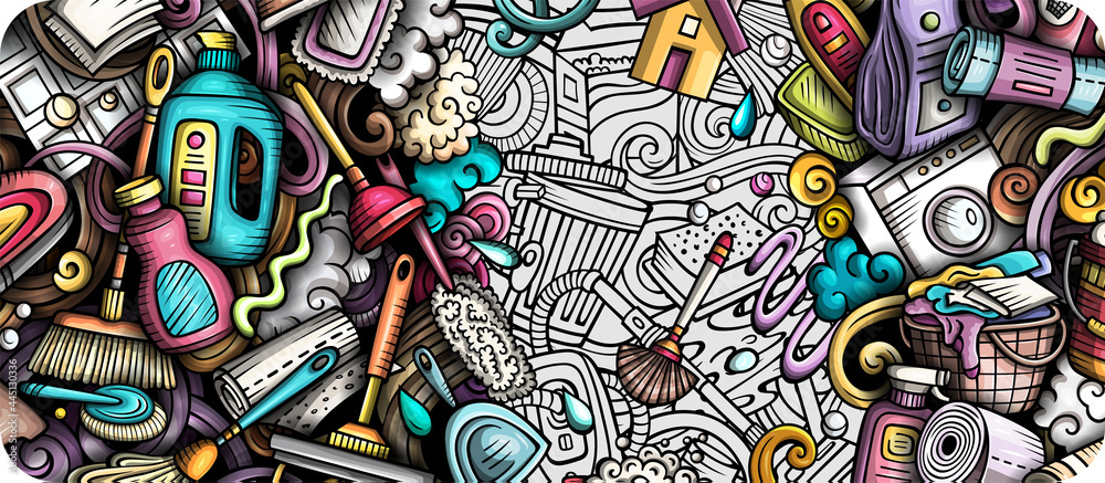 Obraz premium Cleaning hand drawn doodle banner. Cartoon vector detailed flyer.