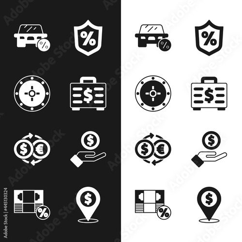 Set Briefcase and money, Safe, Car leasing percent, Loan, Money exchange, Hand giving, Cash location and icon. Vector