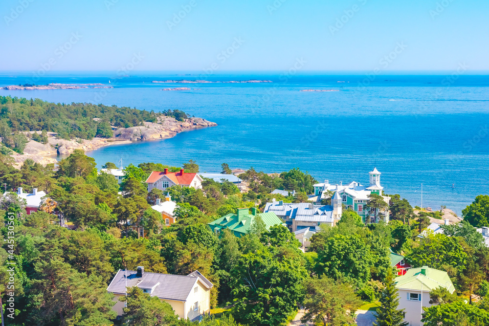 Hanko, Southern Finland. High angle view of an old Finnish town. Baltic sea coastline, blue water. Seascape. Finnish landscape at summer, traditional architecture from above. Townscape Gulf of Finland