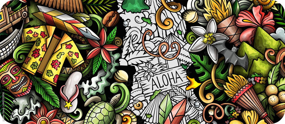 Hawaii hand drawn doodle banner. Cartoon vector detailed flyer. Illustration with Hawaiian objects and symbols. Colorful horizontal background