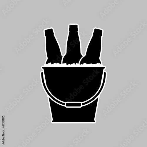 Beer bottles in a metal bucket with ice cubes. Black silhouette with white linear outline. Vector picture and simple icon.