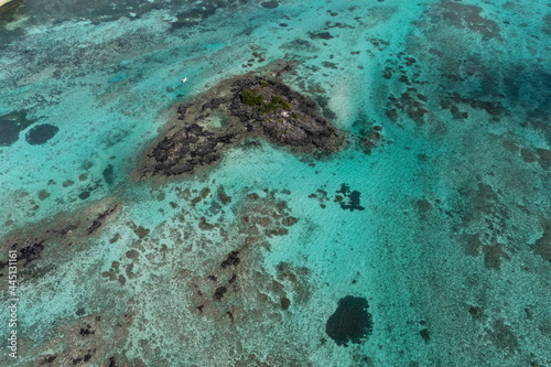 Aerial view, coral reefs, in the bay at Trou-aux-Biches Pamplemousses Region, Mauritius, Africa