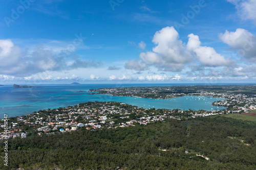 Aerial view, beaches with luxury hotels with water sports at Trou-aux-Biches Pamplemousses Region, behind Grand Baie, Mauritius, Africa